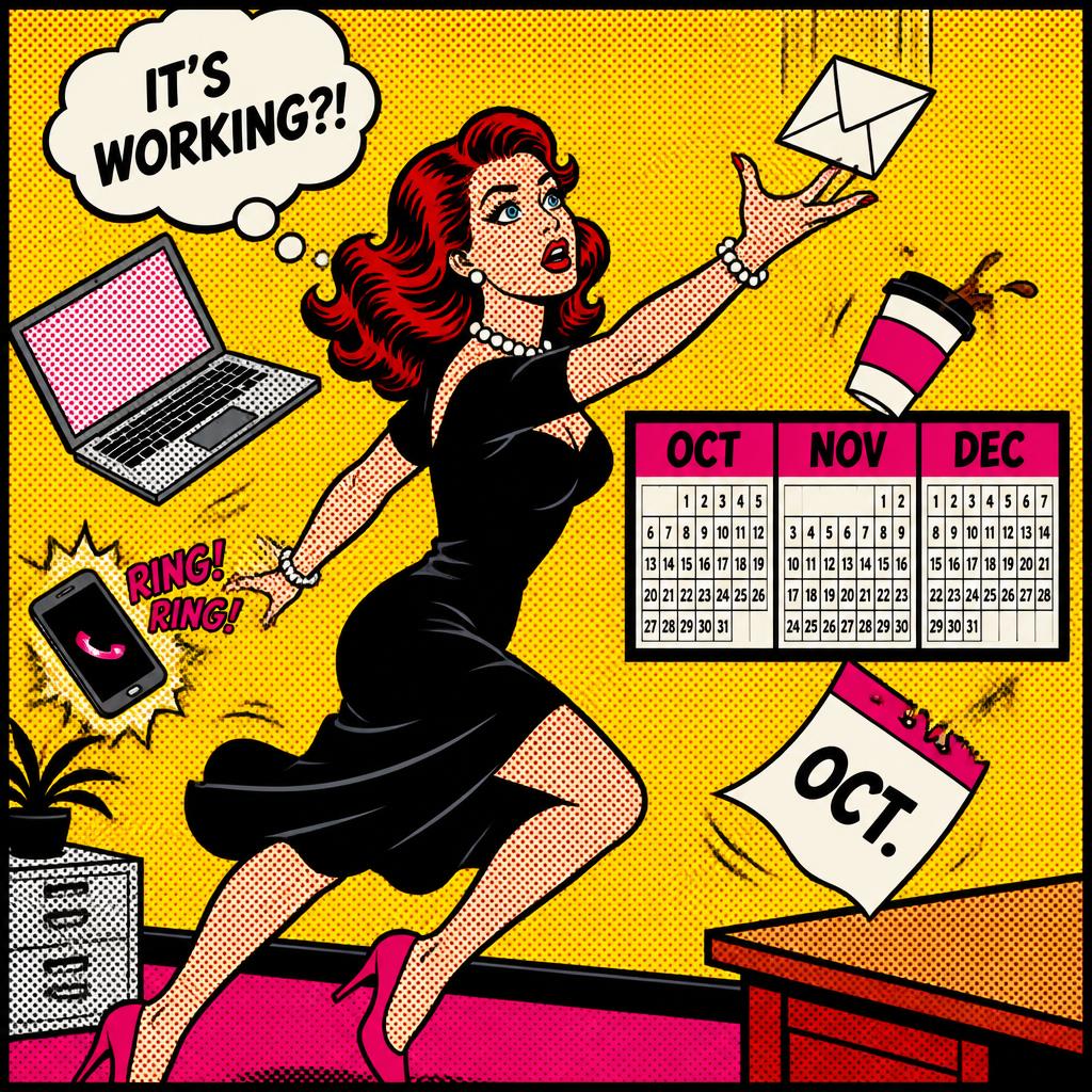 Pop-art illustration of a red-haired woman reaching for an envelope, with a thought bubble reading “IT’S WORKING?!” and a calendar showing October, November, and December.